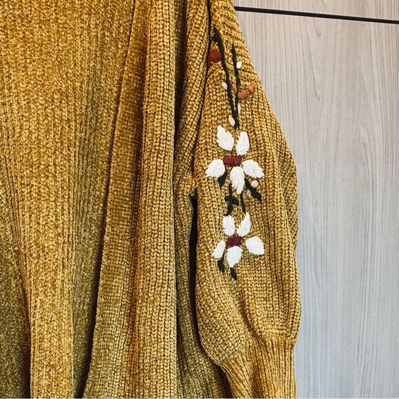 ALYA Cozy Sweater Cardigan Coat Mustard Embroidered  Large - Picture 2 of 5